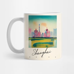 Shanghai Morning Watercolor Travel Poster Retro Wall Art Illustration Mug